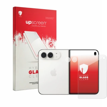 Face avant d’un emballage produit avec le logo de la marque upscreen. À côté, l’appareil Apple iPhone Duo (Avant+Caméra) est r