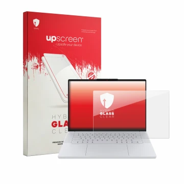 Face avant d’un emballage produit avec le logo de la marque upscreen. À côté, l’appareil Lenovo Googlebook 15 est représenté a