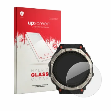 Face avant d’un emballage produit avec le logo de la marque upscreen. À côté, l’appareil Huami Amazfit T-Rex Dual Solar est re