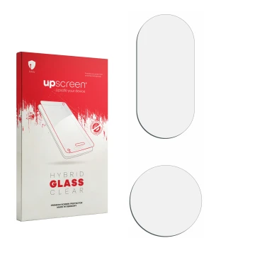 Face avant d’un emballage produit avec le logo de la marque upscreen. À côté se trouve la protection d’écran correspondante.