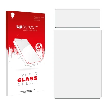 Face avant d’un emballage produit avec le logo de la marque upscreen. À côté se trouve la protection d’écran correspondante.
