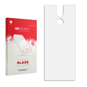 Face avant d’un emballage produit avec le logo de la marque upscreen. À côté se trouve la protection d’écran correspondante.