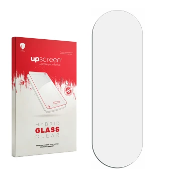 Face avant d’un emballage produit avec le logo de la marque upscreen. À côté se trouve la protection d’écran correspondante.