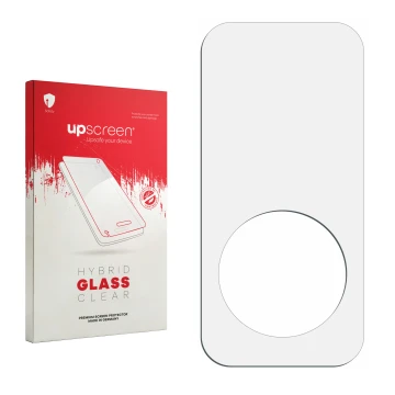 Face avant d’un emballage produit avec le logo de la marque upscreen. À côté se trouve la protection d’écran correspondante.