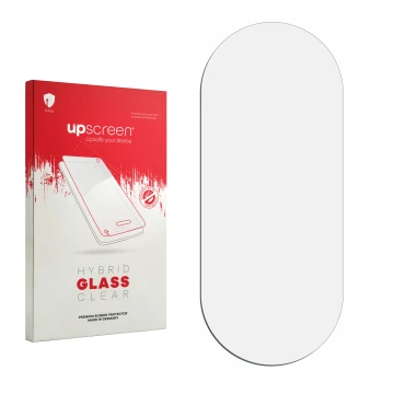 Face avant d’un emballage produit avec le logo de la marque upscreen. À côté se trouve la protection d’écran correspondante.