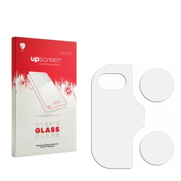 Face avant d’un emballage produit avec le logo de la marque upscreen. À côté se trouve la protection d’écran correspondante.