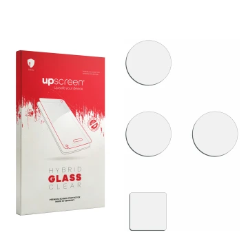Face avant d’un emballage produit avec le logo de la marque upscreen. À côté se trouve la protection d’écran correspondante.