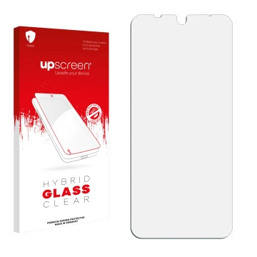 Face avant d’un emballage produit avec le logo de la marque upscreen. À côté se trouve la protection d’écran correspondante.