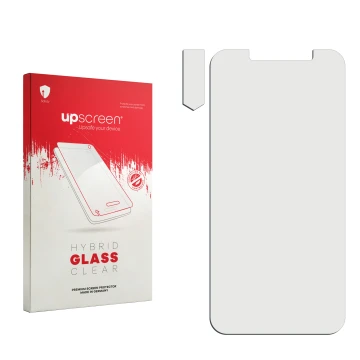 Face avant d’un emballage produit avec le logo de la marque upscreen. À côté se trouve la protection d’écran correspondante.
