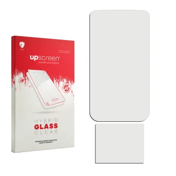 Face avant d’un emballage produit avec le logo de la marque upscreen. À côté se trouve la protection d’écran correspondante.