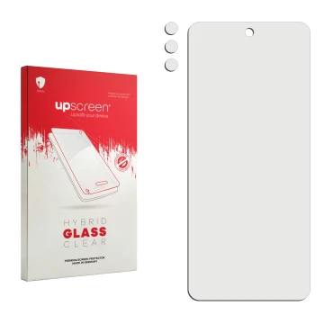 Face avant d’un emballage produit avec le logo de la marque upscreen. À côté se trouve la protection d’écran correspondante.