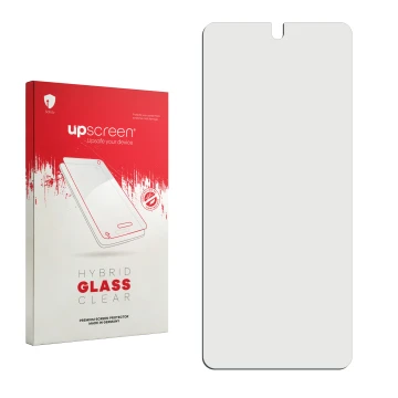 Face avant d’un emballage produit avec le logo de la marque upscreen. À côté se trouve la protection d’écran correspondante.