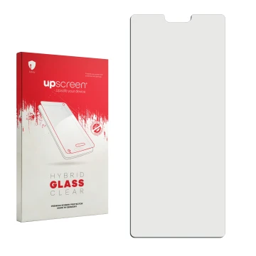 Face avant d’un emballage produit avec le logo de la marque upscreen. À côté se trouve la protection d’écran correspondante.