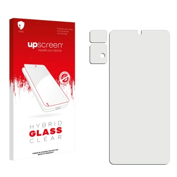 Face avant d’un emballage produit avec le logo de la marque upscreen. À côté se trouve la protection d’écran correspondante.