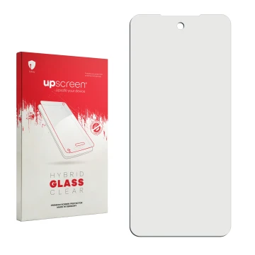 Face avant d’un emballage produit avec le logo de la marque upscreen. À côté se trouve la protection d’écran correspondante.