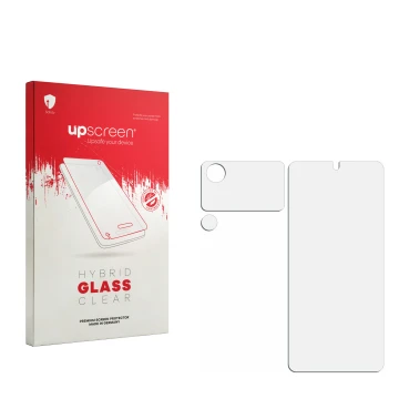 Face avant d’un emballage produit avec le logo de la marque upscreen. À côté se trouve la protection d’écran correspondante.