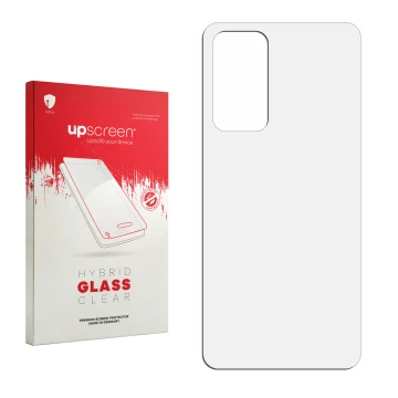 Face avant d’un emballage produit avec le logo de la marque upscreen. À côté se trouve la protection d’écran correspondante.