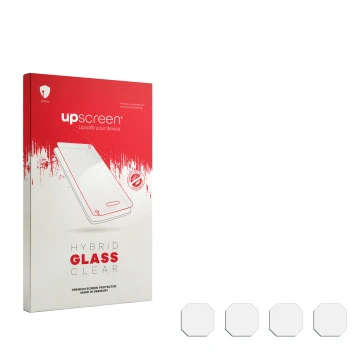 Face avant d’un emballage produit avec le logo de la marque upscreen. À côté se trouve la protection d’écran correspondante.