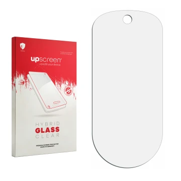 Face avant d’un emballage produit avec le logo de la marque upscreen. À côté se trouve la protection d’écran correspondante.
