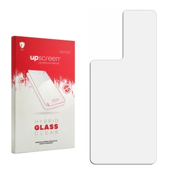 Face avant d’un emballage produit avec le logo de la marque upscreen. À côté se trouve la protection d’écran correspondante.