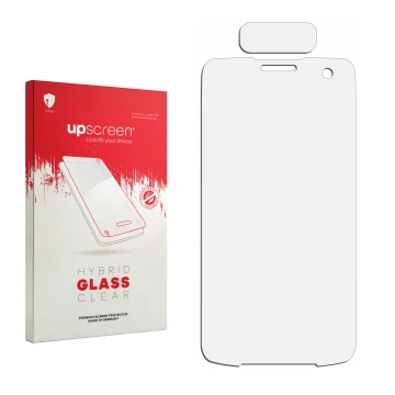 Face avant d’un emballage produit avec le logo de la marque upscreen. À côté se trouve la protection d’écran correspondante.