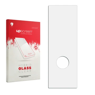 Face avant d’un emballage produit avec le logo de la marque upscreen. À côté se trouve la protection d’écran correspondante.