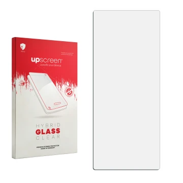 Face avant d’un emballage produit avec le logo de la marque upscreen. À côté se trouve la protection d’écran correspondante.