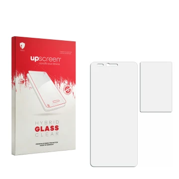 Face avant d’un emballage produit avec le logo de la marque upscreen. À côté se trouve la protection d’écran correspondante.