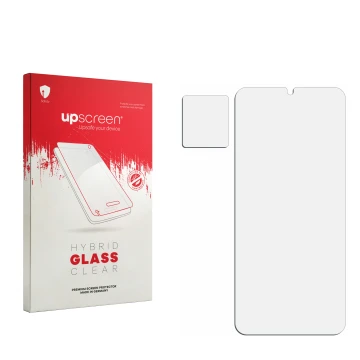 Face avant d’un emballage produit avec le logo de la marque upscreen. À côté se trouve la protection d’écran correspondante.