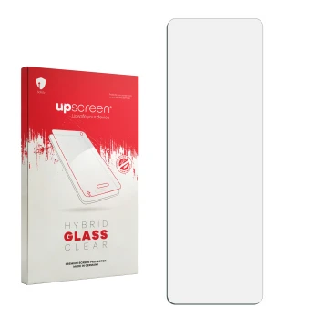 Face avant d’un emballage produit avec le logo de la marque upscreen. À côté se trouve la protection d’écran correspondante.