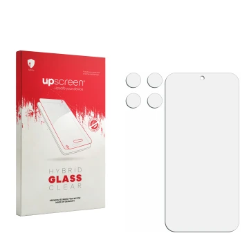 Face avant d’un emballage produit avec le logo de la marque upscreen. À côté se trouve la protection d’écran correspondante.