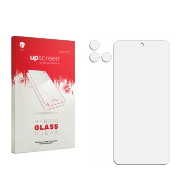 Face avant d’un emballage produit avec le logo de la marque upscreen. À côté se trouve la protection d’écran correspondante.