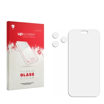 Face avant d’un emballage produit avec le logo de la marque upscreen. À côté se trouve la protection d’écran correspondante.