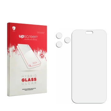 Face avant d’un emballage produit avec le logo de la marque upscreen. À côté se trouve la protection d’écran correspondante.