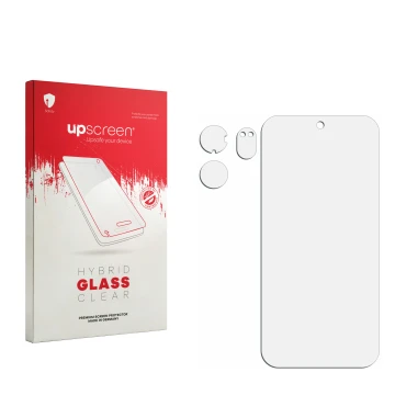 Face avant d’un emballage produit avec le logo de la marque upscreen. À côté se trouve la protection d’écran correspondante.