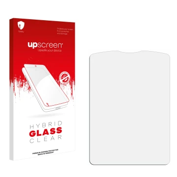 Face avant d’un emballage produit avec le logo de la marque upscreen. À côté se trouve la protection d’écran correspondante.