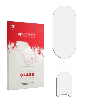 Face avant d’un emballage produit avec le logo de la marque upscreen. À côté se trouve la protection d’écran correspondante.