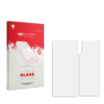 Face avant d’un emballage produit avec le logo de la marque upscreen. À côté se trouve la protection d’écran correspondante.