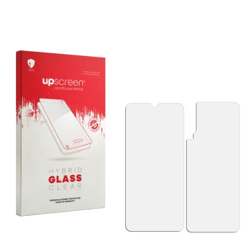 Face avant d’un emballage produit avec le logo de la marque upscreen. À côté se trouve la protection d’écran correspondante.