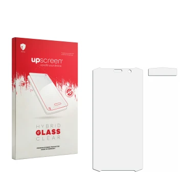Face avant d’un emballage produit avec le logo de la marque upscreen. À côté se trouve la protection d’écran correspondante.
