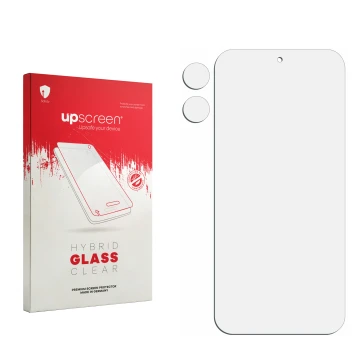 Face avant d’un emballage produit avec le logo de la marque upscreen. À côté se trouve la protection d’écran correspondante.
