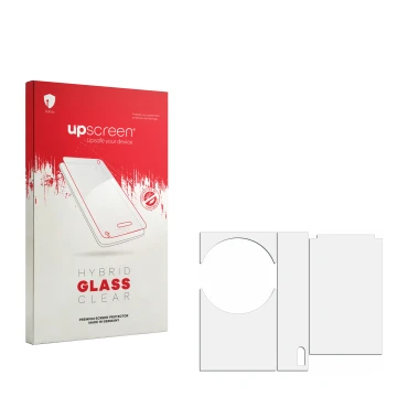 Face avant d’un emballage produit avec le logo de la marque upscreen. À côté se trouve la protection d’écran correspondante.
