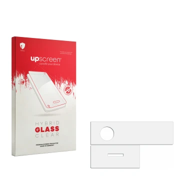 Face avant d’un emballage produit avec le logo de la marque upscreen. À côté se trouve la protection d’écran correspondante.