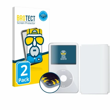 Face avant d’un emballage produit avec le logo de la marque BROTECT. À côté, l’appareil Apple iPod Classic Video (Avant+Arrièr