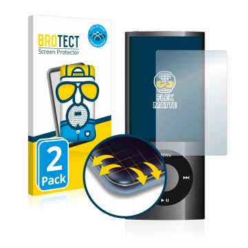 Face avant d’un emballage produit avec le logo de la marque BROTECT. À côté, l’appareil Apple iPod nano 2009 (5ème Gen.) est r