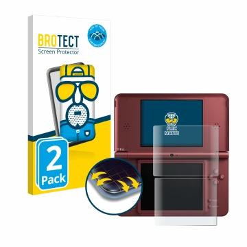 Face avant d’un emballage produit avec le logo de la marque BROTECT. À côté, l’appareil Nintendo DSi XL est représenté avec la