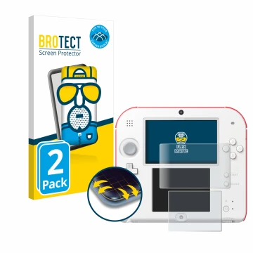 Face avant d’un emballage produit avec le logo de la marque BROTECT. À côté, l’appareil Nintendo 2DS est représenté avec la pr