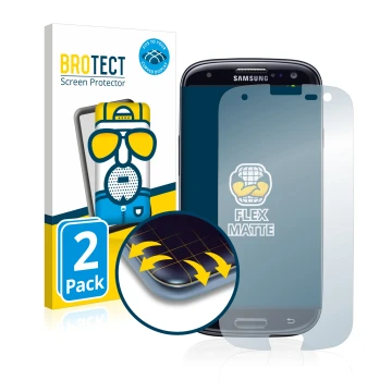 Face avant d’un emballage produit avec le logo de la marque BROTECT. À côté, l’appareil Samsung Galaxy S3 Neo I9300I est repré