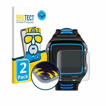 Face avant d’un emballage produit avec le logo de la marque BROTECT. À côté, l’appareil Garmin Forerunner 920XT est représenté