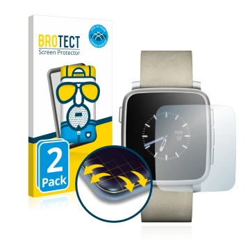 Face avant d’un emballage produit avec le logo de la marque BROTECT. À côté, l’appareil Pebble Time Steel est représenté avec 